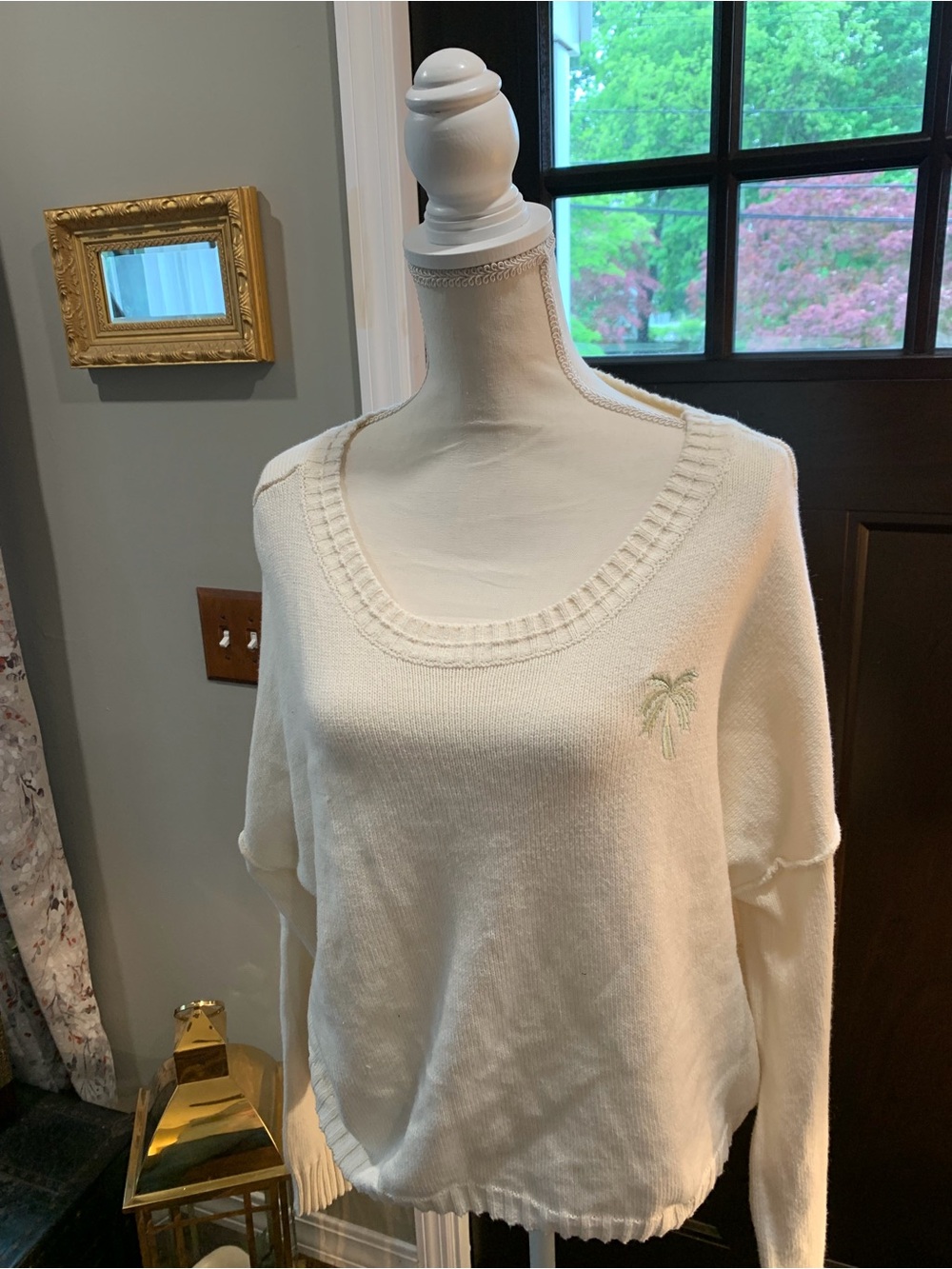 Cream Scoop Neck Palm-Embroidered Sweater